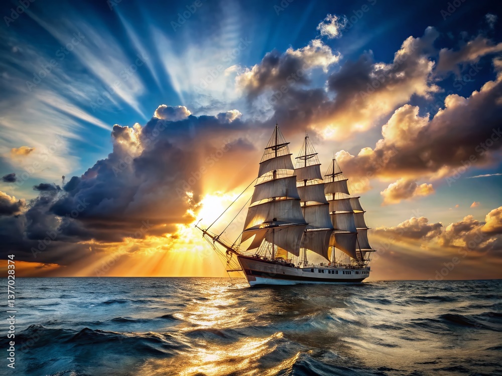 Panoramic View of Clippers Ship at Sea, Dramatic Ocean Scene
