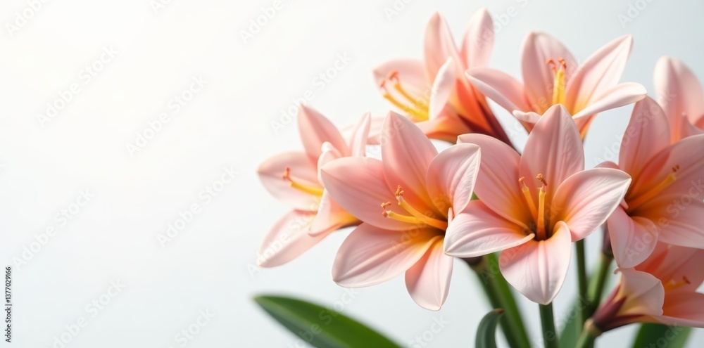 Fototapeta premium Artistic arrangement of freesia flowers with soft focus on white background, fragrant, decoration, freesia
