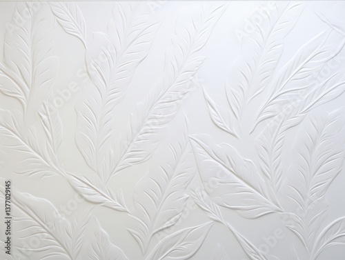 Elegant white embossed leaves design on a smooth surface, creating a serene and modern aesthetic, ideal for interior decor or artistic backgrounds