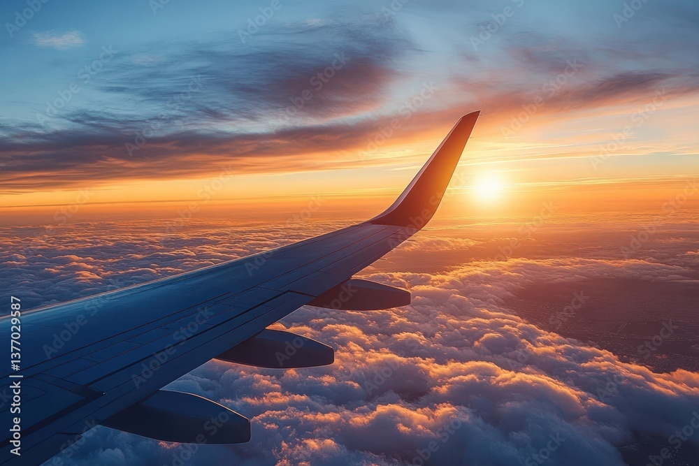 Airplane Wing View at Sunrise over Snowy Mountains Preparing for Landing