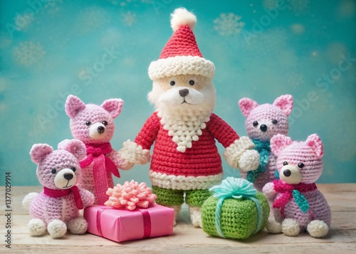 Pastel Crochet Christmas: Pink Santa with Foxes & Puppies