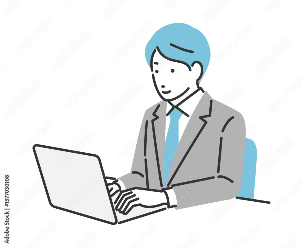 パソコンに向かって仕事をしているビジネスマンのイラスト パソコンに向かって仕事をしているビジネスマンのイラスト