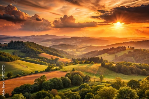 Peach Colored Sunset Over Rolling Hills - Authentic Documentary Style Photograph