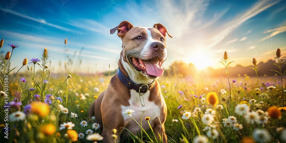 Pit Bull Dog, Cropped Ears, Landscape, Sunny Meadow, Happy Dog