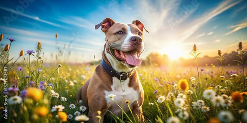 Obraz na płótnie Pit Bull Dog, Cropped Ears, Landscape, Sunny Meadow, Happy Dog w salonie