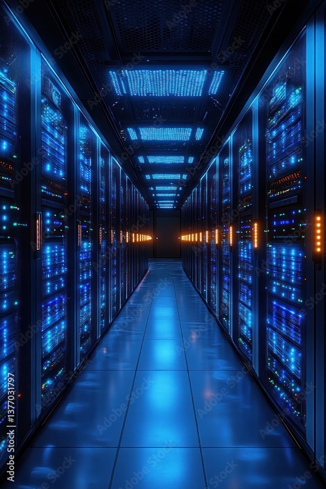 Fototapeta premium Futuristic Server Room with Blue Lights Showcasing Modern Technology and Digital Infrastructure Efficiency