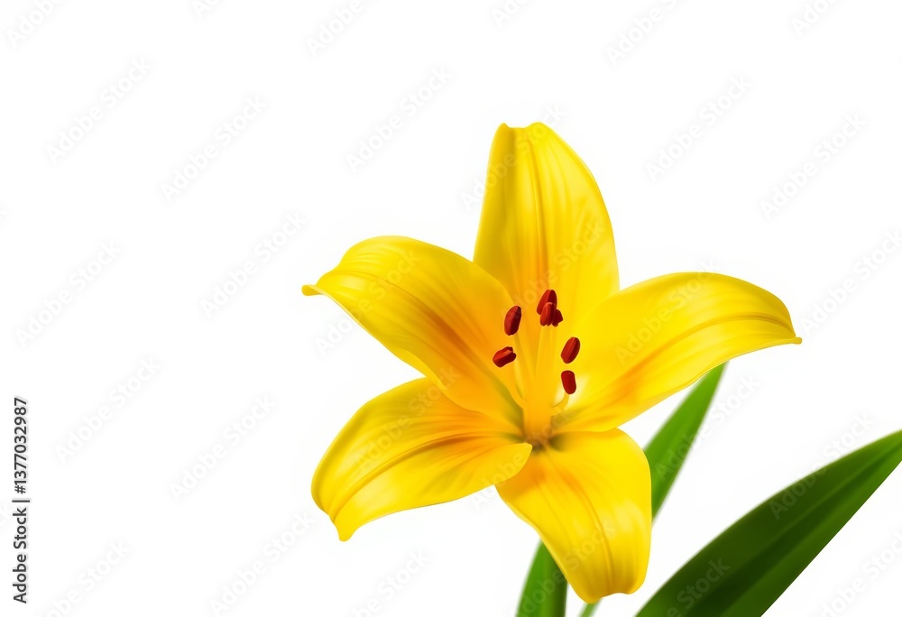 Obraz premium A vibrant yellow lily, stem, and leaves isolated on pure white, texture, single
