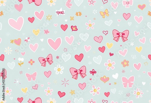 A whimsical seamless pattern featuring cute hand-drawn doodles; hearts, stars, bows, flowers, and swirls in pastel colors, kawaii, bright