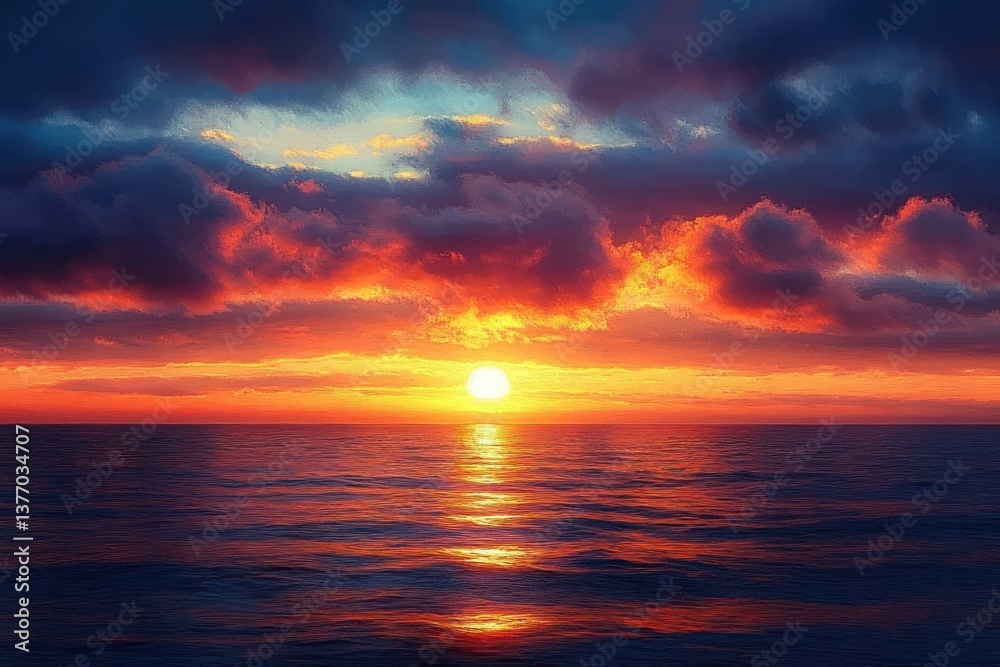 Fototapeta premium Vibrant Sunset Over the Ocean with Dramatic Clouds and Reflections