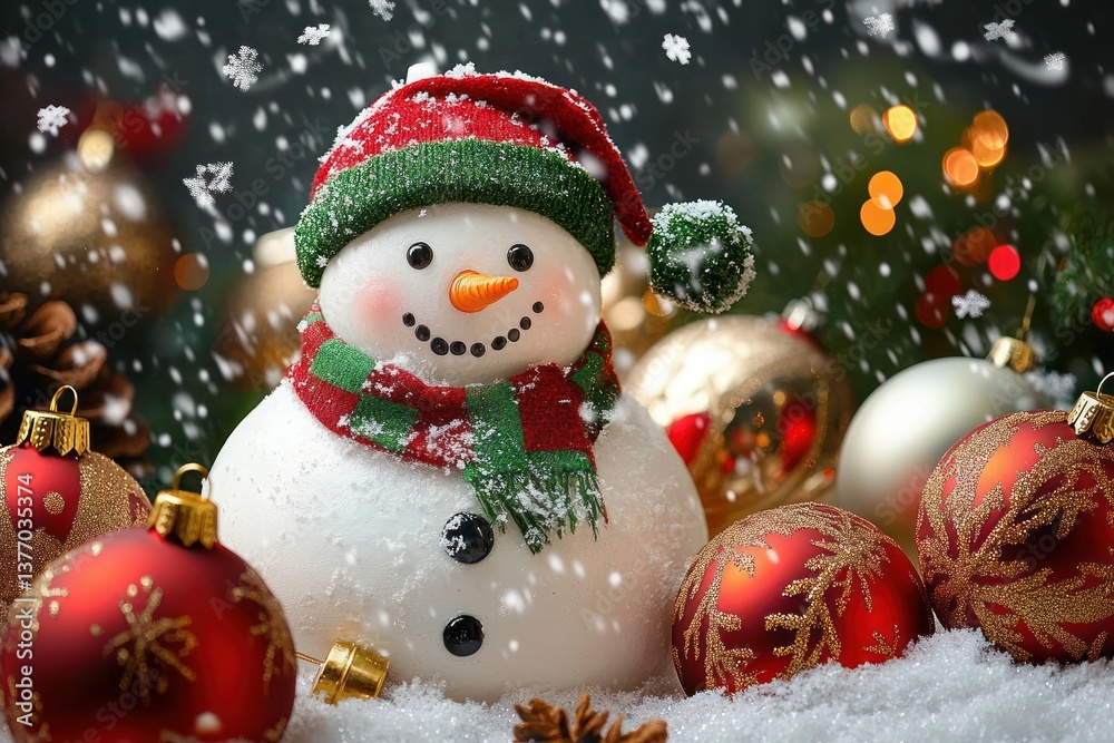 Cheerful Snowman Surrounded by Christmas Ornaments and Miniature Trees in Festive Holiday Setting with Snowflakes Cheerful Snowman Surrounded by Christmas Ornaments and Miniature Trees in Festive Holiday Setting with Snowflakes
