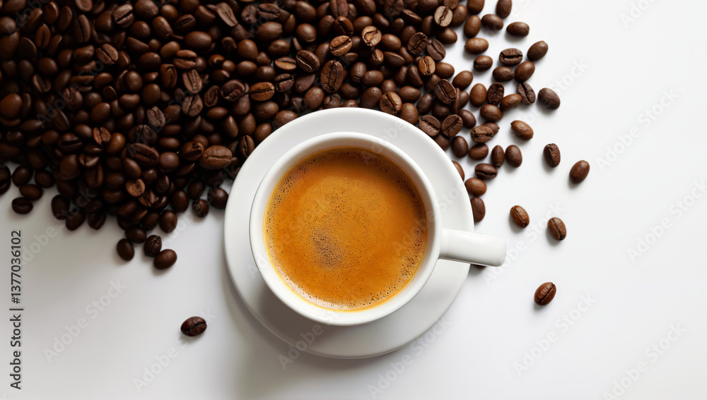 A cup of coffee amidst a scattering of roasted coffee beans, Isolated on white background A cup of coffee amidst a scattering of roasted coffee beans, Isolated on white background
