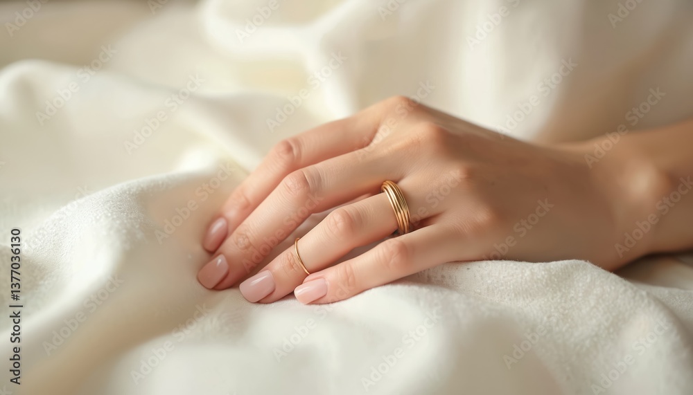 Gold ring adorns hand resting on soft white fabric. Delicate moment of touch. Gentle skin. Minimalist jewelry, fine design. Wedding engagement. Luxury accessory. Gold ring adorns hand resting on soft white fabric. Delicate moment of touch. Gentle skin. Minimalist jewelry, fine design. Wedding engagement. Luxury accessory.