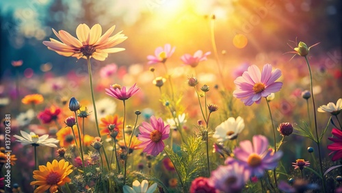 Retro Flower Field Aerial View: Vintage Floral Background