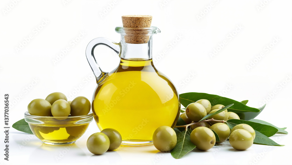 Olive Oil with Fresh Green Olives and Leaves on a White Background Olive Oil with Fresh Green Olives and Leaves on a White Background