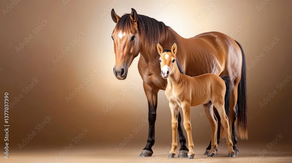 Obraz premium Bay horse with foal standing together on brown background. Mother's Day, Mothering Sunday, Dia de la Madre - Global Maternal Celebration, Worldwide Family Holiday