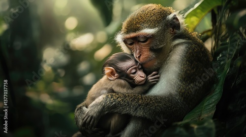 Tender moment: monkey mother cuddling baby in lush jungle setting. Mother's Day, Mothering Sunday, Dia de la Madre - Global Maternal Celebration, Worldwide Family Holiday photo