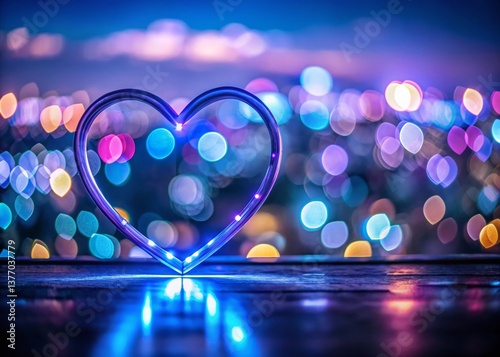 Romantic Night Heart Outline - Glowing City Lights Background Stock Photo