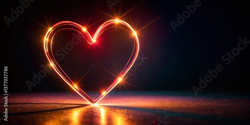 Romantic Low Light Heart Outline, Glowing Valentine's Day Shape, Dark Background Stock Photo