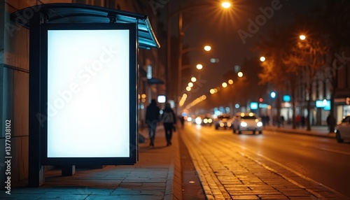Blank billboard mockup at bus stop, night city street. Vertical poster with copy space for advertising, promotion, commercial. Display for brand marketing campaign. Transport, urban lifestyle, modern