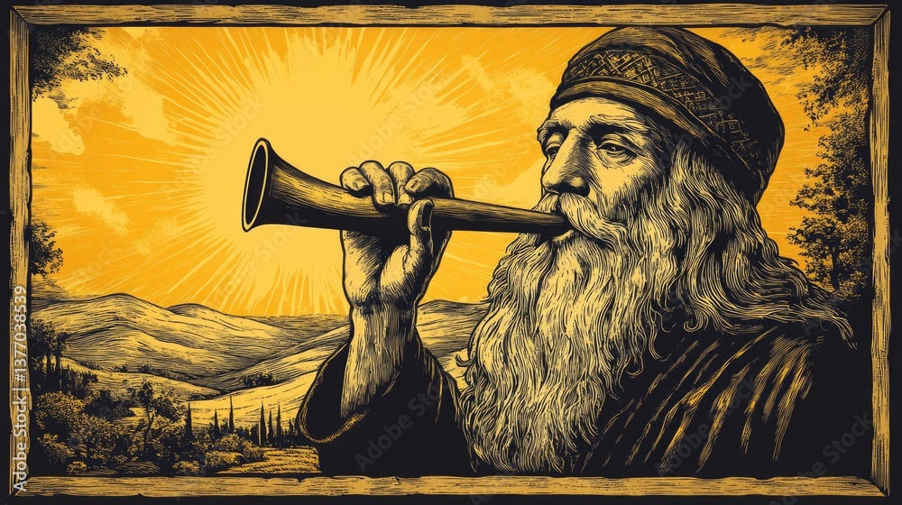 Fototapeta premium Old man blowing the shofar in a landscape. Rosh hashanah greeting card or invitation. Jewish holiday celebration with traditional ram horn instrument. Vintage style