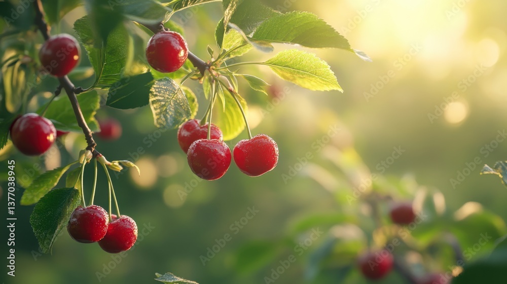 Ripe Red Cherries on Branch with Morning Dew in Orchard Ripe Red Cherries on Branch with Morning Dew in Orchard