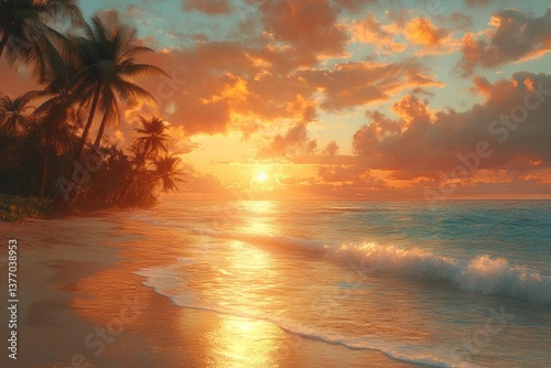 Tropical Beach at Sunset with Palm Trees and Vibrant Ocean Landscape