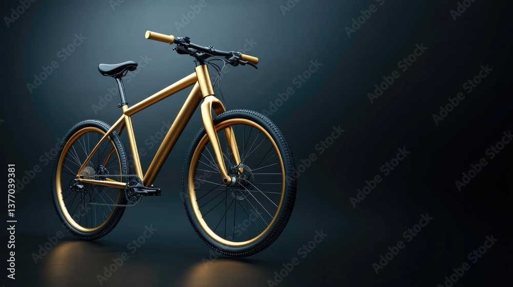 Fototapeta premium Sleek modern golden bicycle on dark background highlighting design and elegance