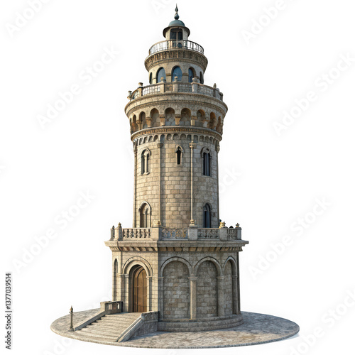 A stunning stone lighthouse standing tall on its circular base, showcasing intricate architectural details and ornate railings, symbolizing guidance and safety at sea.