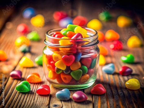 Rustic Jar of Colorful Heart Candies - Sweet Macro Photography
