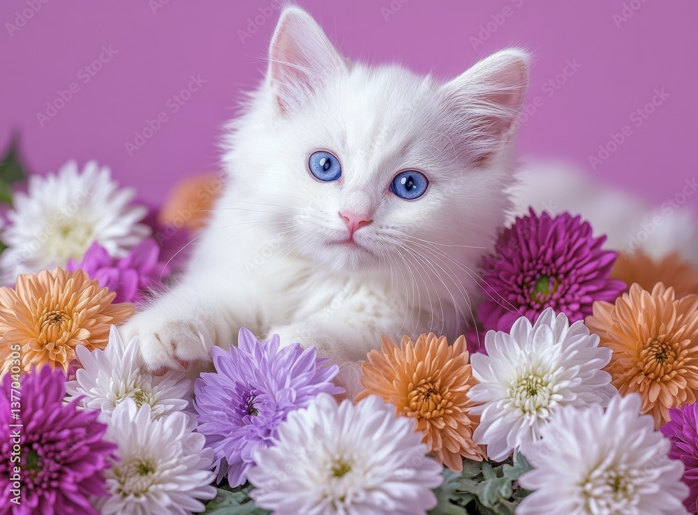 Fototapeta Cute White Kitten Relaxing Amongst Colorful Flowers on Violet Background