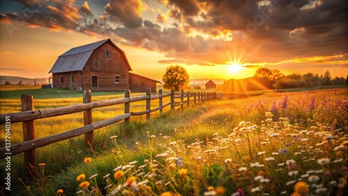 Rustic Vintage Farm Scene with Bokeh, Sunlit Fields and Old Barn