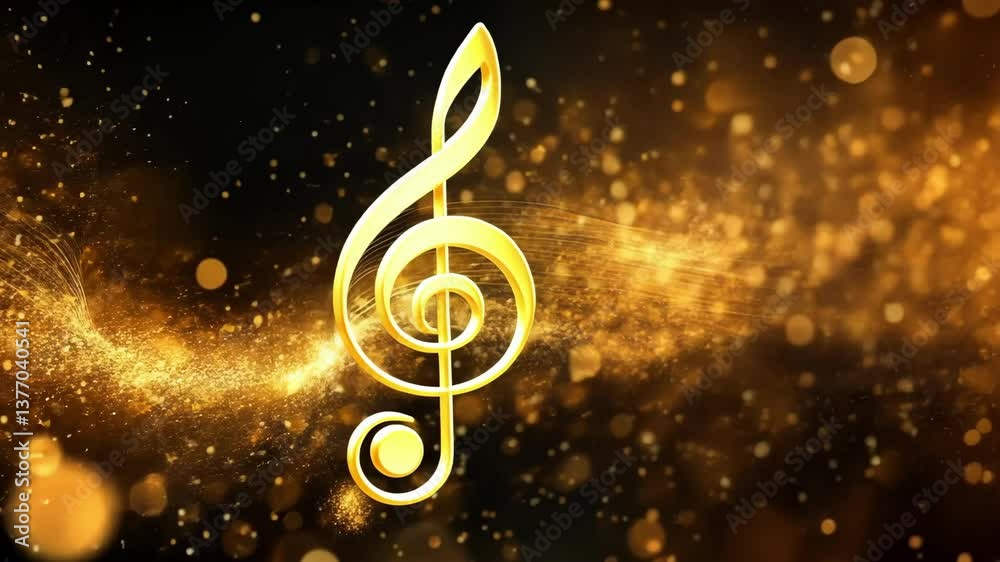 Golden treble clef surrounded by sparkling gold particles in a musical fantasy scene