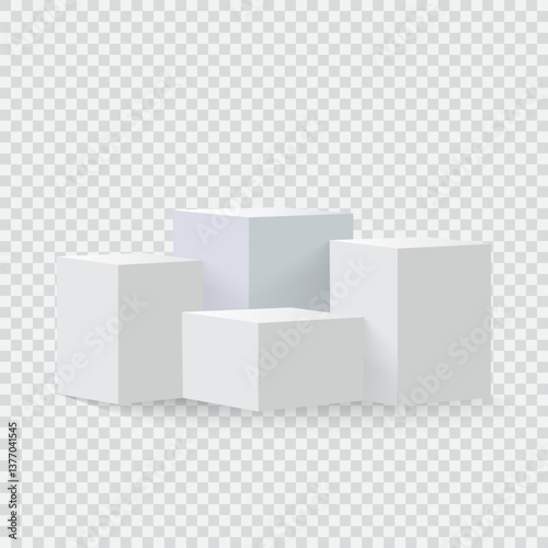 Four blank square podiums with shadow stand to show products on transparent background, Vector illustration.