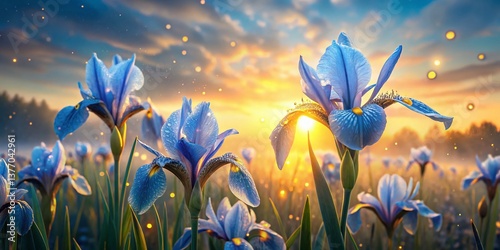 Serene Light Blue Iris Meadow Landscape at Dawn