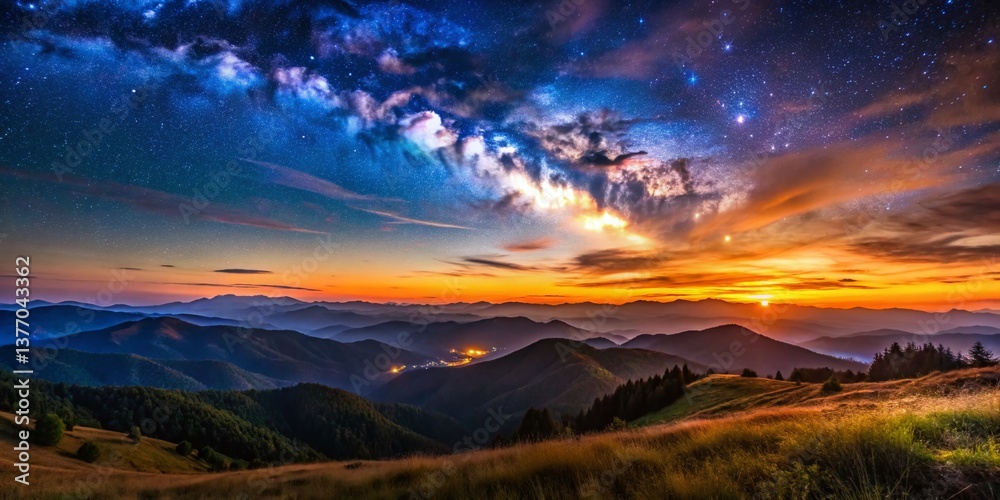 Fototapeta premium Serene Night Landscape: Earth Tone Colors, Starry Sky, Majestic Mountains