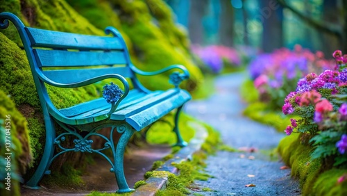 Serene Park Bench: Long Exposure Blue Bench, Moss Pathway, Blooming Flowers