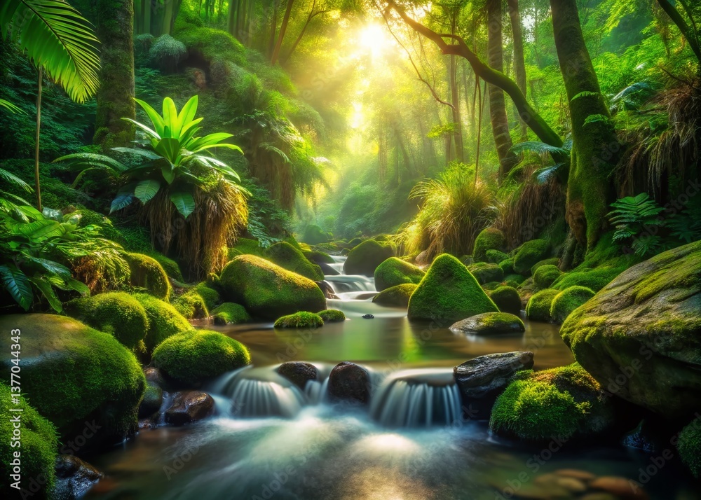 Fototapeta premium Serene Tropical Forest Stream: Lush Greenery, Mossy Rocks, Low Light Photography