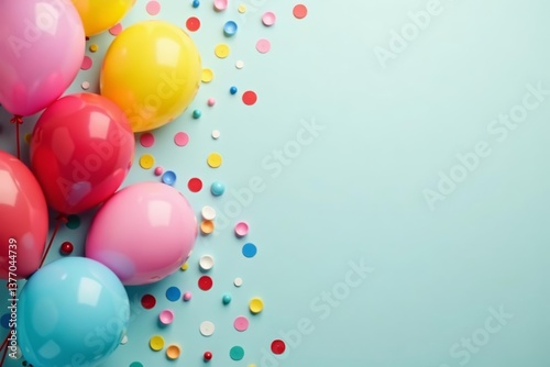 Brightly colored balloons and confetti on a festive birthday card, invitation, graphic, design
