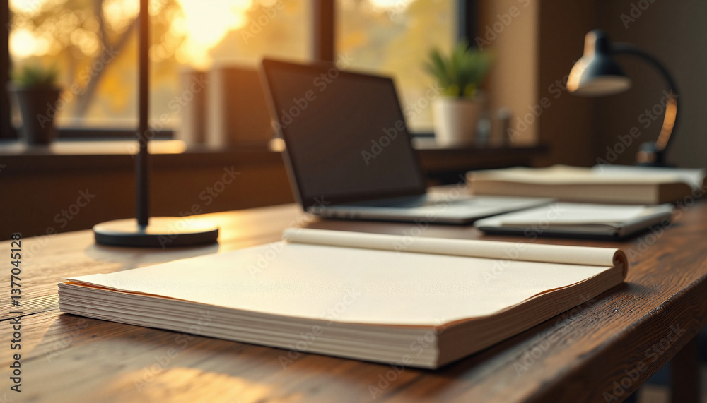 custom made wallpaper toronto digitalCozy workspace with laptop and stationery during sunset lighting  