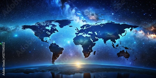 Fototapeta Naklejka Na Ścianę i Meble -  Silhouette Earth Continents Oceans - Global Map Night Sky