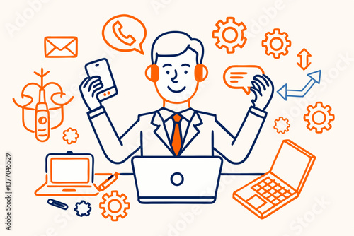 A stylized illustration of a person multitasking with multiple devices and communication tools,