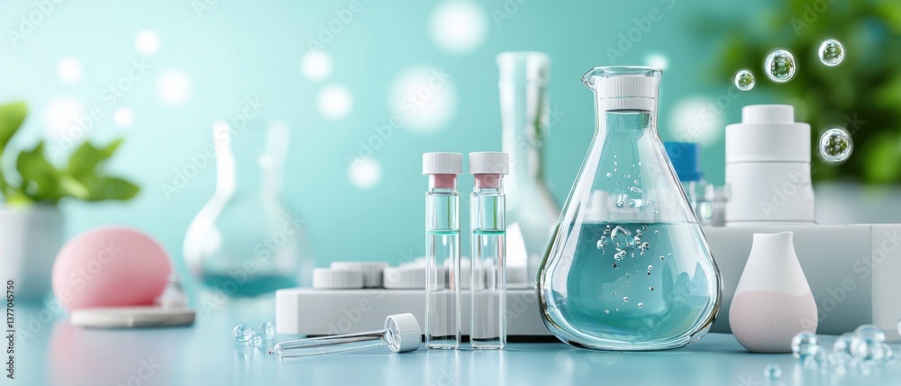 A team of scientists in a modern laboratory setting, collaborating on chemistry research and experiments using various glass vials and other scientific equipment. A team of scientists in a modern laboratory setting, collaborating on chemistry research and experiments using various glass vials and other scientific equipment.