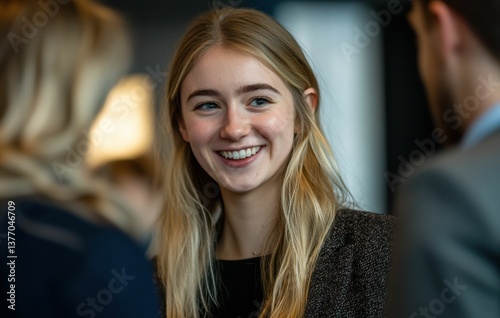 Wallpaper Mural Businesswoman with an infectious smile vibrant energy in a professional setting. Soft lighting casts a warm glow on her confident expression and polished appearance. Torontodigital.ca