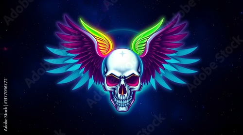 A white skull with neon rainbow wings in deep space
Electric fantasy merging color with darkness


