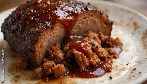 Obraz na płótnie bbq sauce dripping from juicy pulled pork w salonie