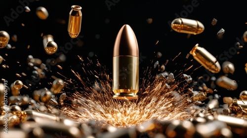 A bullet is surrounded by a cloud of gunpowder and other bullets