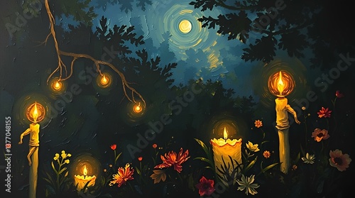 A moonlit night with glowing lanterns in a dreamy forest
Soft magic in the trees under a starry sky

