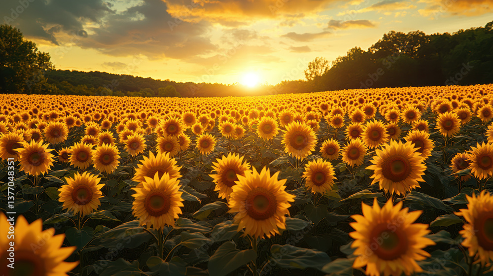Fototapeta premium vibrant sunflower field in full bloom under golden sunset, with serene forest in background