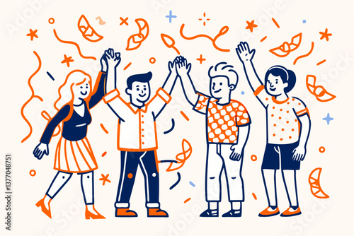 A stylized illustration of a group of people celebrating with high-fives and confetti, conveying a sense of teamwork and achievement.