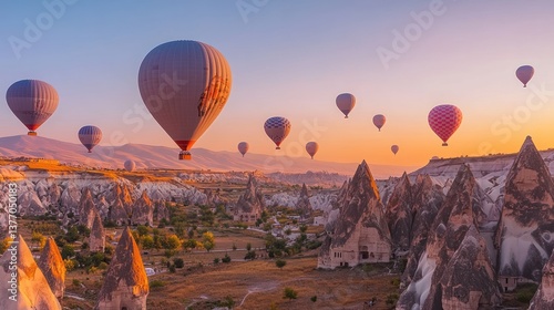 Hot Air Balloons Flying Over Cappadocia Landscape at Sunrise in Turkey